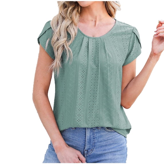 Scyoekwg Short Sleeve Shirts For Women Trendy Round Neck Petals Sleeve Elegant Eyelet Shirts Loose Lightweight Comfy Solid Color Casual Summer Blouses (Green,L)