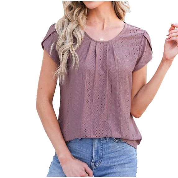 Scyoekwg Short Sleeve Shirts For Women Trendy Round Neck Petals Sleeve Elegant Eyelet Shirts Loose Lightweight Comfy Solid Color Casual Summer Blouses (Hot Pink,XL)