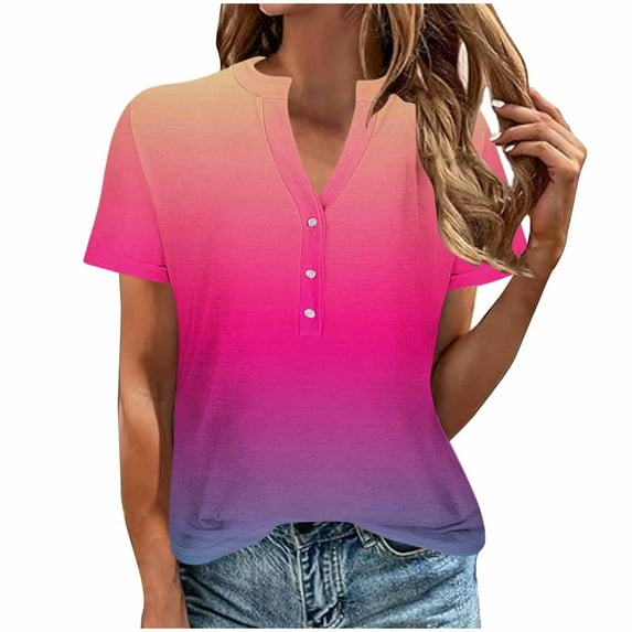 Scyoekwg Short Sleeve Shirts For Women Trendy V-Neck Button Up Shirt Comfy Tie Dyed Graphic Tee Lightweight Casual Summer Loose Blouses (Watermelon Red,XXXL)