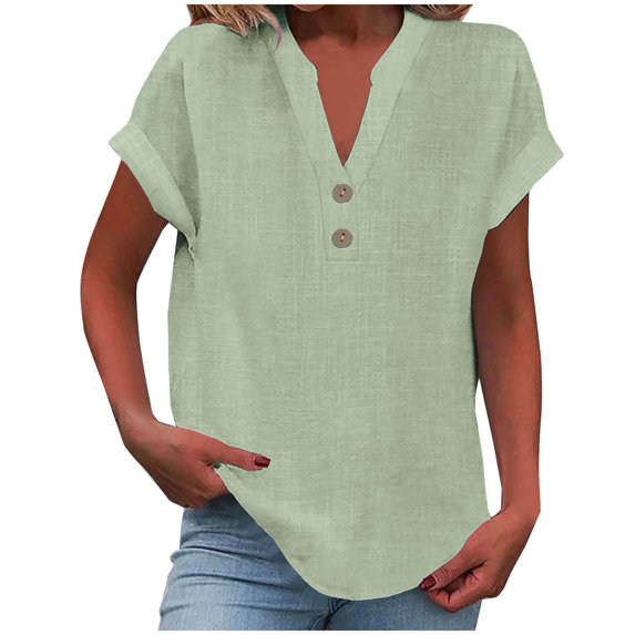 Scyoekwg Short Sleeve Shirts for Women Solid Color Loose Blouses Ladies Tops Summer Casual Comfy V-Neck Cotton Linen Button Shirts (Green,L)