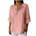 thumbnail image 1 of Scyoekwg Short Sleeve Shirts for Women V-Neck Cotton Linen Shirt Summer Trendy Solid Color Comfy Loose Shirts Casual Blouses (Pink,XL), 1 of 6