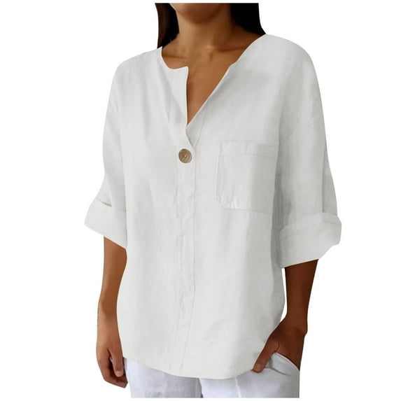 Scyoekwg Short Sleeve Shirts for Women V-Neck Cotton Linen Shirt Summer Trendy Solid Color Comfy Loose Shirts Casual Blouses (White,XL)