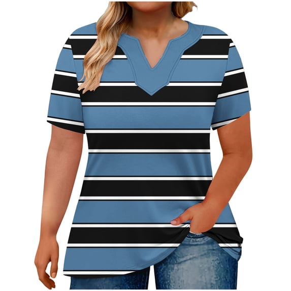 Scyoekwg Short Sleeve Shirts for Women V-Neck Oversized Graphic Tee Striped Print Casual Comfy Loose Lightweight Trendy Ladies Blouses (Navy,XL)