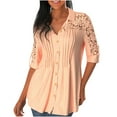 thumbnail image 1 of Scyoekwg Short Sleeve Shirts for Womens Plus Size Button Shirts Lace V Neck Single Breasted Solid Color Blouses Loose Casual Tops Tee (#B=Orange,XL), 1 of 6