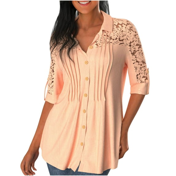 Scyoekwg Short Sleeve Shirts for Womens Plus Size Button Shirts Lace V Neck Single Breasted Solid Color Blouses Loose Casual Tops Tee (#B=Orange,XL)