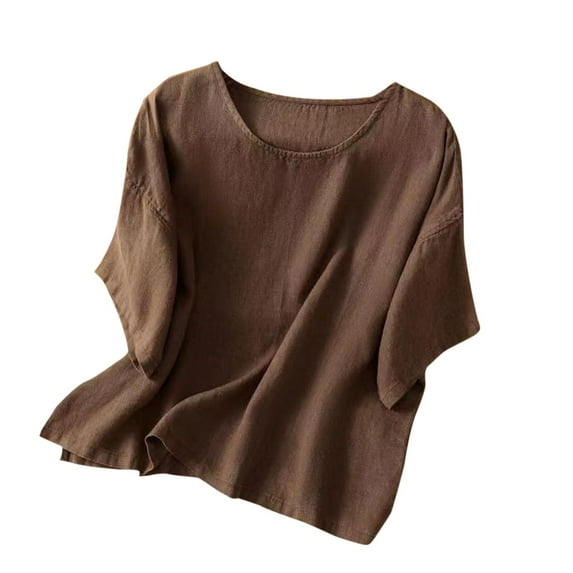 Scyoekwg Short Sleeve T Shirts for Women Round Neck Cotton Linen Tops Loose Solid Color Lightweight Trendy Blouses (Coffee,XXXL)