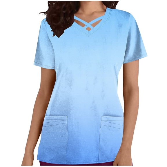Scyoekwg Short Sleeve T Shirts for Women V-Neck Pocket Nursing Clothes Top Loose Trendy Gradient Color Lightweight Blouses (Light Blue,XXL)