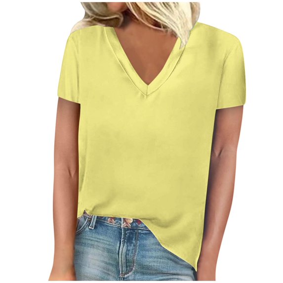 Scyoekwg Short Sleeve Tops for Women Summer V Neck Dressy Casual Blouses Loose Solid Color Shirts Trendy Lightweight Blouses (Yellow,M)