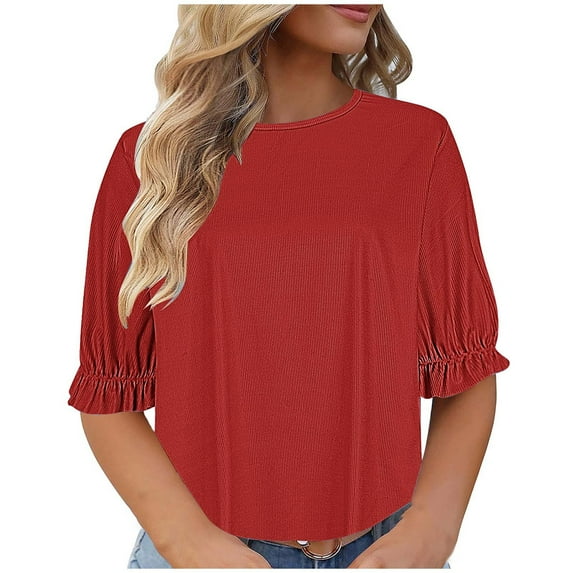 Scyoekwg Short Sleeve Womens Tops Round Neck Tunic Tops Loose Trendy Shirts Lightweight Solid Color Blouses (Red,XL)