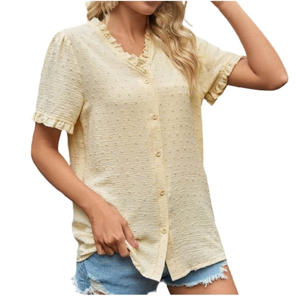 Scyoekwg Short Sleeve Womens Tops V Neck Button Chiffon Shirts Trendy Solid Color Lightweight Dressy Casual Blouses Loose Blouses (Beige,L)