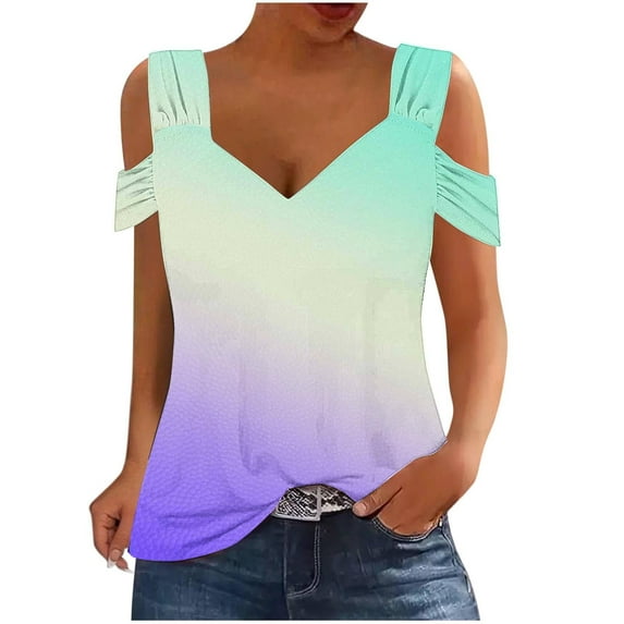 Scyoekwg Short Sleeve Womens Tops V Neck Cold Shoulder Tops Gradient Color Trendy Lightweight Comfy Loose Blouses (Mint Green,XL)
