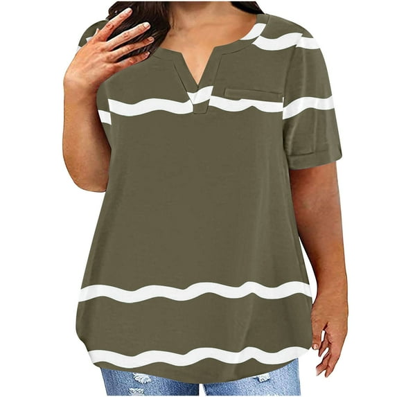 Scyoekwg Short Sleeve Womens Tops V Neck Plus Size Tunic Tshirt Lightweight Color Block Patchwork Loose Trendy Blouses (Brown,XXL)