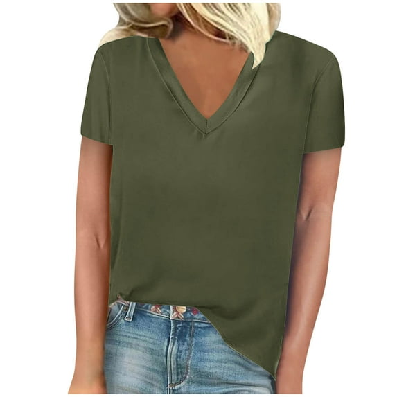 Scyoekwg Short Sleeve Womens Tops V Neck Tshirt Loose Solid Color Shirts Dressy Casual Blouses Trendy Lightweight Blouses (Army Green,L)