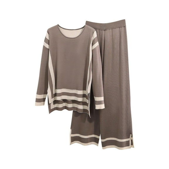 Scyoekwg Shorts Sets Women 2 Piece Outfits Fashion Casual Round Neck Short Sleeve Tops Elastic Waist Wide Legs Pants Sets (Coffee,Free Size)