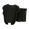 thumbnail image 1 of Scyoekwg Shorts Sets Women 2 Piece Outfits Solid Round Neck Short Sleeved Top Shorts Pants Casual Comfy Home Set (Black,XXL), 1 of 2