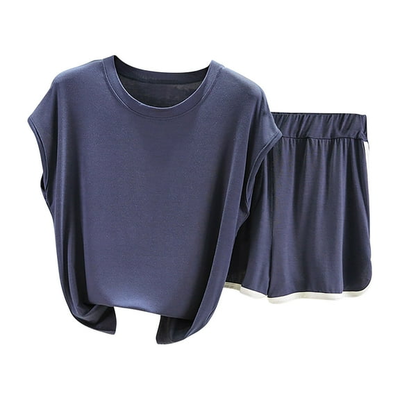 Scyoekwg Shorts Sets Women 2 Piece Outfits Solid Round Neck Short Sleeved Top Shorts Pants Casual Comfy Home Set (Blue,XL)