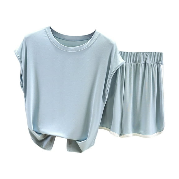 Scyoekwg Shorts Sets Women 2 Piece Outfits Solid Round Neck Short Sleeved Top Shorts Pants Casual Comfy Home Set (Light Blue,L)