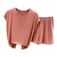 thumbnail image 1 of Scyoekwg Shorts Sets Women 2 Piece Outfits Solid Round Neck Short Sleeved Top Shorts Pants Casual Comfy Home Set (Pink,XL), 1 of 2