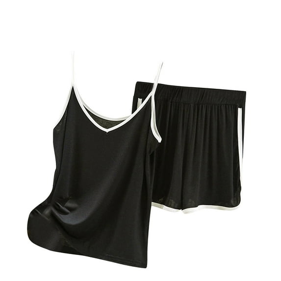 Scyoekwg Shorts Sets Women 2 Piece Outfits Summer Thin Loose Strap Solid Color Sleeveless Tops Casual Two Piece Set (Black,XXL)