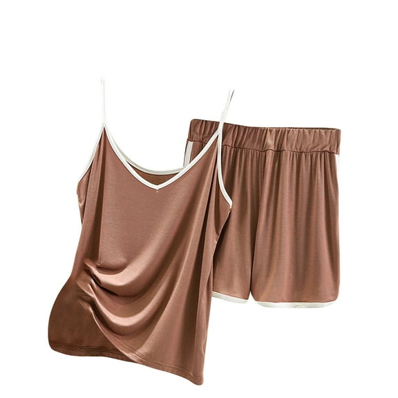 Scyoekwg Shorts Sets Women 2 Piece Outfits Summer Thin Loose Strap Solid Color Sleeveless Tops Casual Two Piece Set (Brown,M)