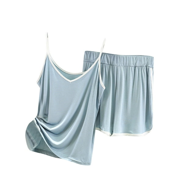 Scyoekwg Shorts Sets Women 2 Piece Outfits Summer Thin Loose Strap Solid Color Sleeveless Tops Casual Two Piece Set (Light Blue,M)