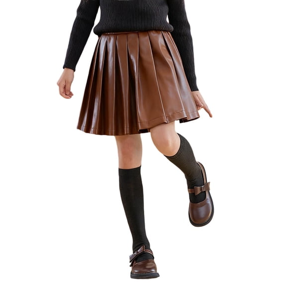 Scyoekwg Skirts for Girls College Style Elastic Waist Leather Pleated Skirt Baggy Pants Summer Fashion Solid Color Comfy Casual Brown 11-12 Years