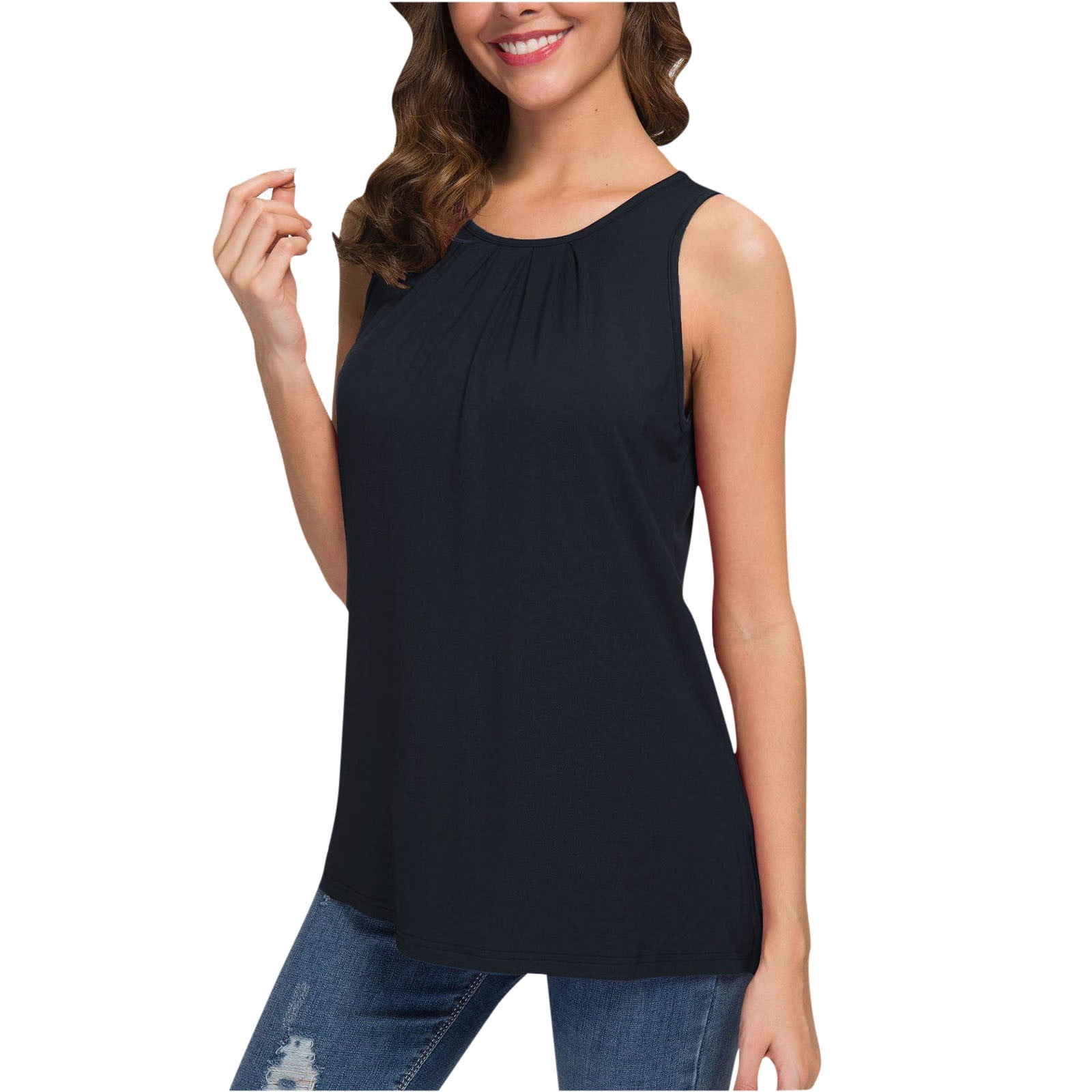 Scyoekwg Sleeveless Tops for Women Summer Trendy Tank Tops Solid Color Tees  Shirt Casual Round Neck Relaxed Fit Breathable Tank Tops Clearance Navy