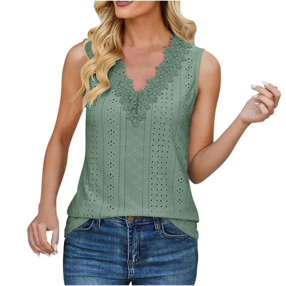 Scyoekwg Sleeveless Tops for Women V-Neck Crochet Lace Trim Eyelet Shirts Trendy Ladies Tops Summer Solid Color Sleeveless Tops Loose Casual Blouses (Green,L)