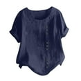 thumbnail image 1 of Scyoekwg Solid Color Cotton Linen Plus Size Tops for Women Summer Casual Buttons Round Neck Roll Up Short Sleeve T Shirts Loose Fit Blouse #A=Navy M, 1 of 5