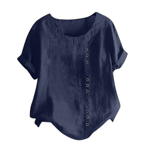 Scyoekwg Solid Color Cotton Linen Plus Size Tops for Women Summer Casual Buttons Round Neck Roll Up Short Sleeve T Shirts Loose Fit Blouse #A=Navy M