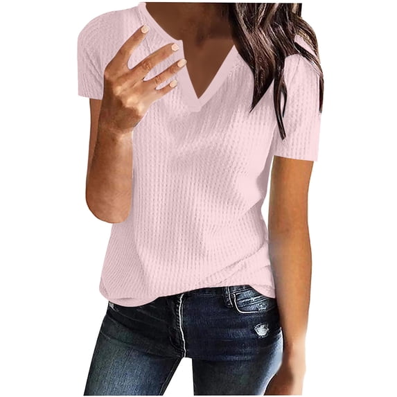 Scyoekwg Solid Color Short Sleeve Shirts for Women Trendy Notch V Neck Elegant Blouse Comfortable Loose Casual Tops Tshirt Pink XXL