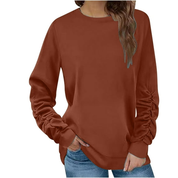 Scyoekwg Solid Color Sweatshirt for Womens Fashion Round Neck Basic Long Sleeve Tops Casual Comfy Lightweight Sweatshirt Ladies Sweatshirts Brown XXL