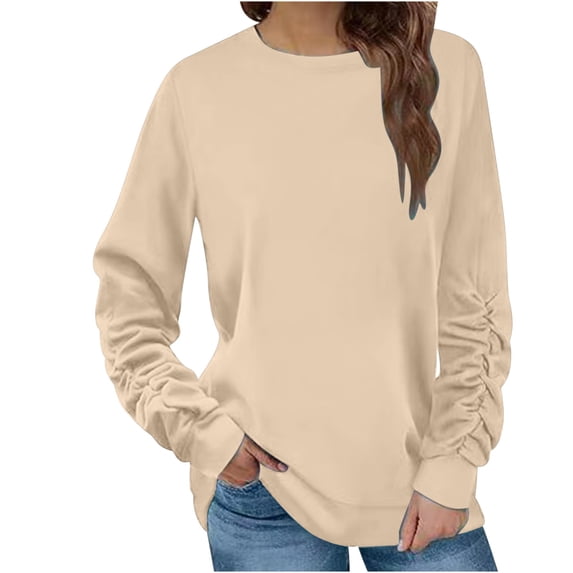 Scyoekwg Solid Color Sweatshirt for Womens Fashion Round Neck Basic Long Sleeve Tops Casual Comfy Lightweight Sweatshirt Ladies Sweatshirts Khaki M