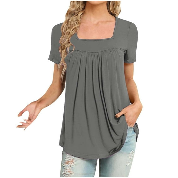 Scyoekwg Solid Color Trendy Womens Tops Short Sleeve Hide Belly Tunic Tops Causal Comfy Loose Elegant Summer Tops Square Neck Pleated T Shirts Tops Blouses (#A03=Gray,XXXXL)