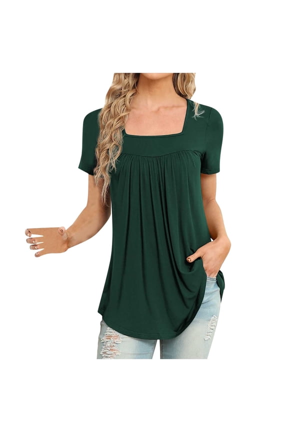 Solid Color Trendy Womens Tops Short Sleeve Hide Belly Tunic Tops Causal Comfy Loose Elegant Summer Tops Square Neck Pleated T Shirts Tops Blouses Army Green L