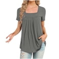 thumbnail image 1 of Scyoekwg Solid Color Trendy Womens Tops Short Sleeve Hide Belly Tunic Tops Causal Comfy Loose Elegant Summer Tops Square Neck Pleated T Shirts Tops Blouses (#A03=Gray,XXXL), 1 of 3