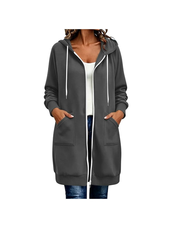 Solid Color Womens Long Plus Fleece Jacket Long Sleeve Zipper Hooded Drawstring Coat Fall Winter Warm Casual Comfy Coats Overcoat Pocket (Z02_Dark Gray ,XXL)