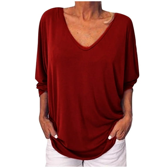 Scyoekwg Solid Color Womens Tops Bat 3/4 Sleeve Shirts Summer Trendy V Neck Back Buttons T Shirts Casual Loose Comfy Basic Shirts Blouse Red L(8)