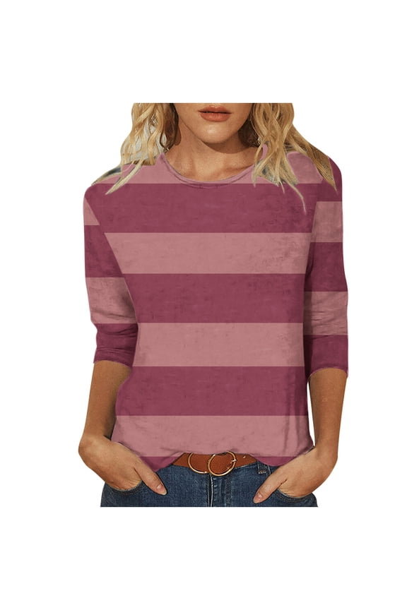 Spring and Fall Trendy 3/4 Sleeves Shirts for Womens Casual Round Neck Color Block Patchwork Tunic Tops Comfy Lightweight Blouses Pullover Tshirt (Z=Pink,L)