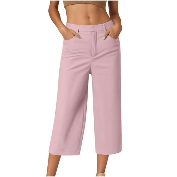 Scyoekwg Stretch Capris For Women Mid Waisted Button Zipper Versatile Straight Leg Trousers Classic Solid Color Fashion Casual Comfy Baggy Pants Lightweight Capris (Pink,S)