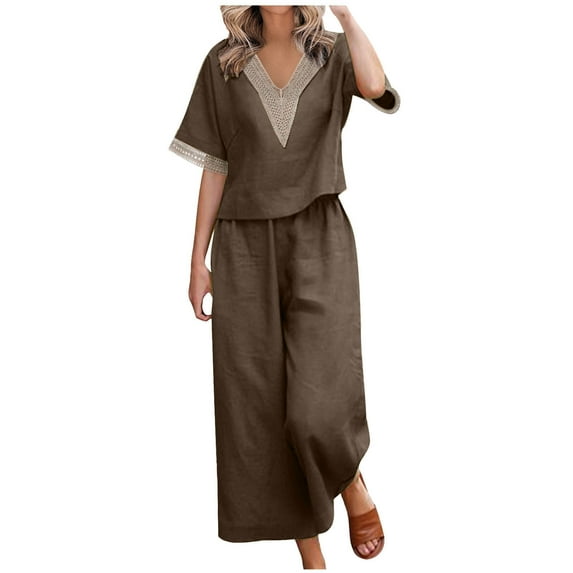 Scyoekwg Summer 2 Piece Outfits for Women Cotton Linen Solid Color Trendy Short Sleeve V-Neck Crochet Lace Trim Tops Wide Leg Pants Casual Sweatsuits Sets Loose Outfits (Coffee,M)
