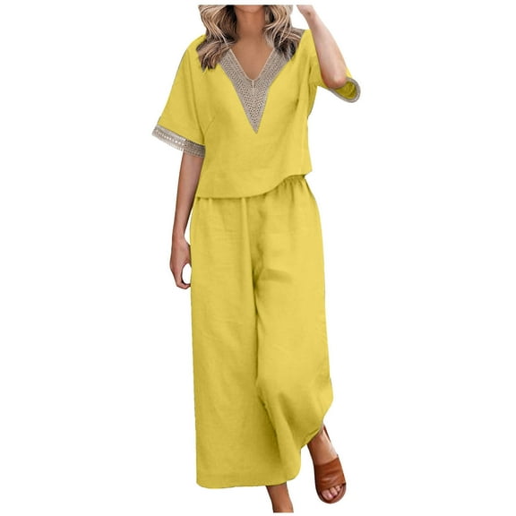 Scyoekwg Summer 2 Piece Outfits for Women Cotton Linen Solid Color Trendy Short Sleeve V-Neck Crochet Lace Trim Tops Wide Leg Pants Casual Sweatsuits Sets Loose Outfits (Yellow,XXXL)