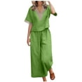 thumbnail image 1 of Scyoekwg Summer 2 Piece Outfits for Women Cotton Linen Solid Color Trendy Short Sleeve V-Neck Crochet Lace Trim Tops Wide Leg Pants Casual Sweatsuits Sets Loose Outfits (Green,XXL), 1 of 5