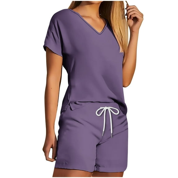 Scyoekwg Summer 2 Piece Outfits for Women Home Pajamas Sets Sweatsuits Sets Trendy Solid Color Short Sleeve V-Neck Tops Drawstring Shorts Loose Casual Outfits (Purple,S)