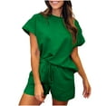 thumbnail image 1 of Scyoekwg Summer 2 Piece Outfits for Women Short Sleeve Round Neck Tops Drawstring Shorts Casual Tracksuit Sweatsuits Sets Loose Trendy Solid Color Matching Sets (Green,L), 1 of 5