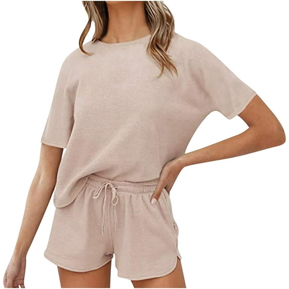 Scyoekwg Summer 2 Piece Outfits for Women Sweatsuits Sets Trendy Loose Solid Color Short Sleeve Round Neck Tops Shorts Home Pajamas Sets Casual Outfits (Khaki,L)
