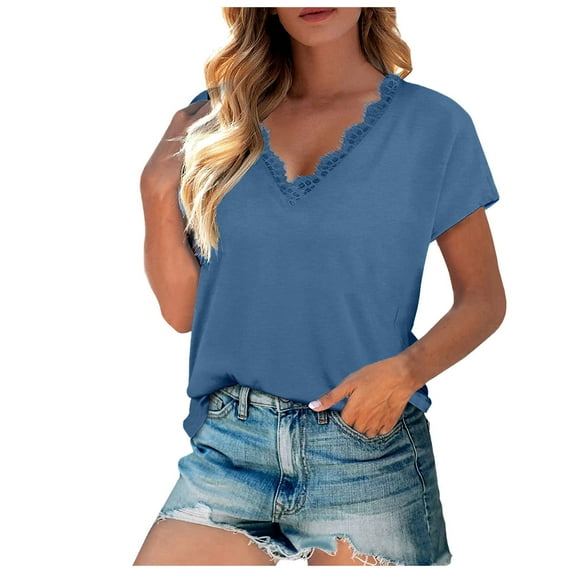 Scyoekwg Summer Casual Tops for Women Trendy Short Sleeve T Shirts Classic Solid Color Tshirt Loose Comfy Blouse V-Neck Lace Basic Tops Going Out Tops Blouses (Blue,L)