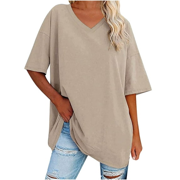 Scyoekwg Summer Casual Tops for Women Trendy Short Sleeve T Shirts Loose Comfy Blouse Tshirt V-Neck Basic Tops Going Out Tops Classic Solid Color T Shirt (Beige,XXL)