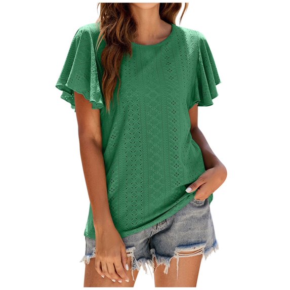 Scyoekwg Summer Casual Tops for Women Trendy Short Sleeve T Shirts Tshirt Crewneck Ruffle Sleeve Going Out Tops Classic Solid Color Loose Comfy Blouse Tunic Tops (Green,XL)