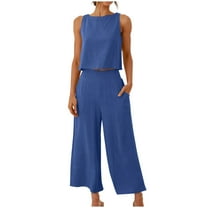 Scyoekwg Summer Outfits for Women 2 Piece Loose Sleeveless Round Neck Tops Wide Leg Pants Casual Sweatsuits Sets Trendy Tracksuit Solid Color Matching Sets (Blue,XXL)